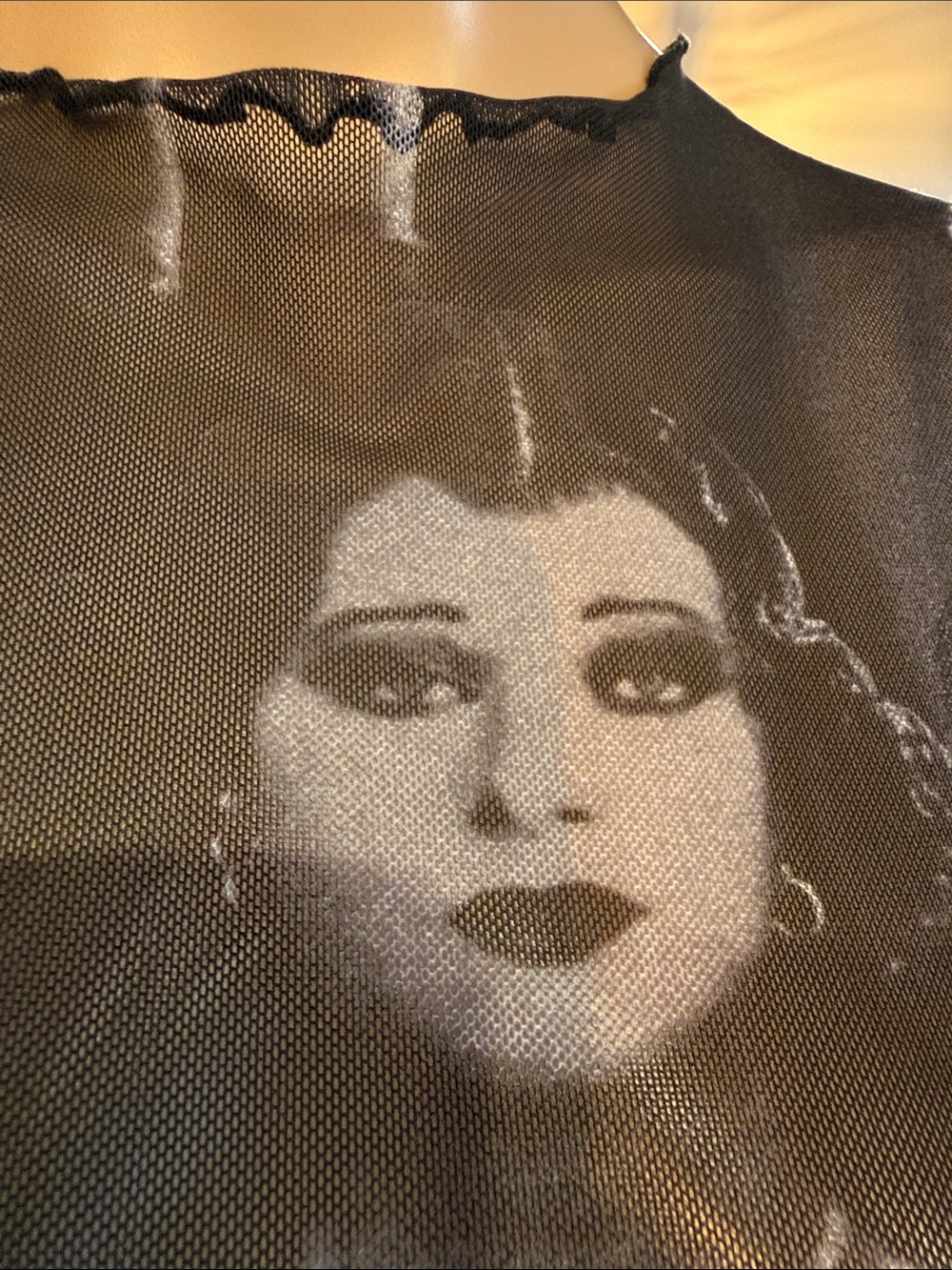 Black Mesh Graphic Crop Top with Vintage Portrait - Picture 2 of 10